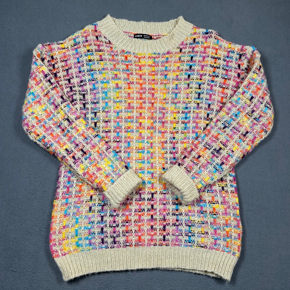 SHEIN Sweater Womens M Multicolor Knit Crewneck Metallic Basketweave Long Sleeve